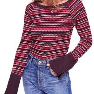 Free People Knit Top Button-Sleeve Stripe EUC L